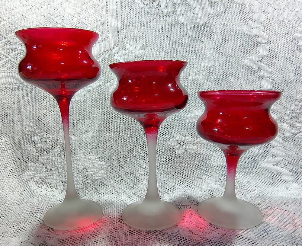 3 Vintage Ruby Red & Frosted Stem Glass Candle tealight Holders